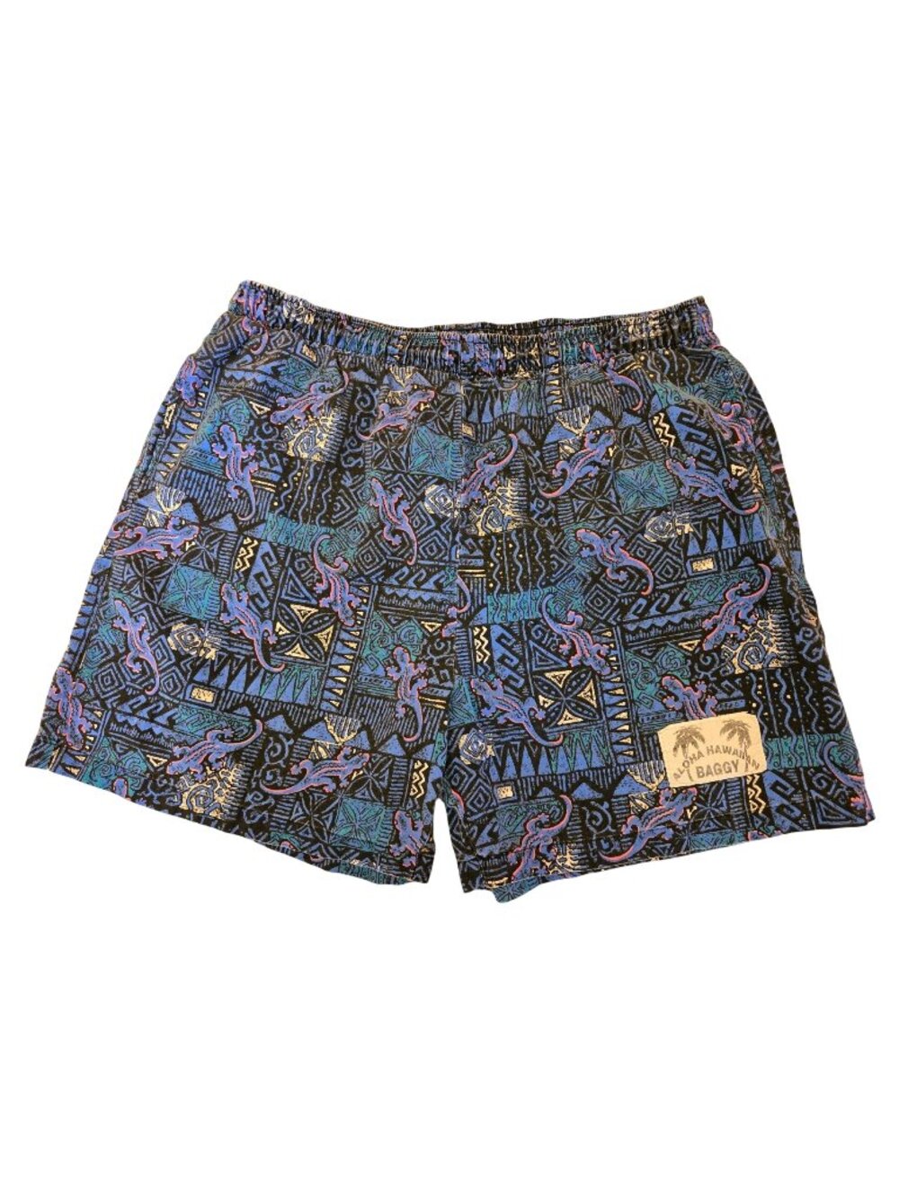 Vintage Aloha Hawaiian Baggy Mens Swim Trunks Gecko Tribal Shorts